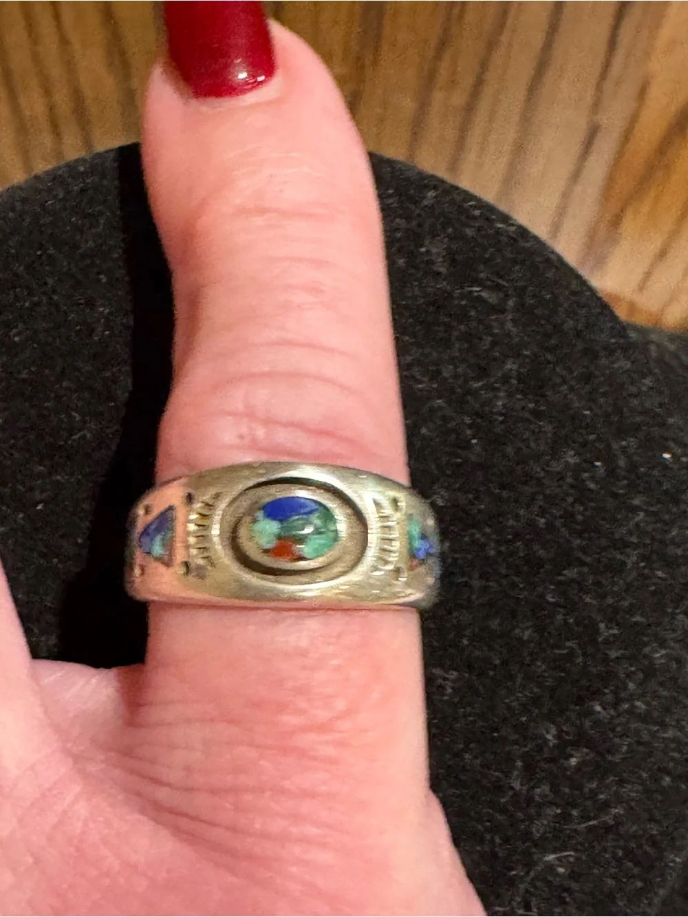 Vintage Native American Sterling Silver Turquoise, Coral & Lapis Ring